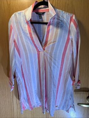 Ellen Tracy 100% Linen Pink, Blue, White Striped V-Neck Tunic